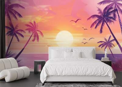 abstract summer background with palm trees, sunset and beach Generative AI Wall mural