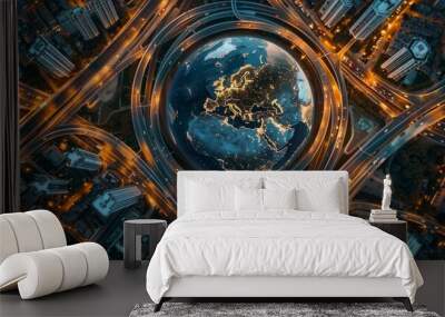 Aerial view of Earth globe surrounded by multiple highways, traffic lights glowing at night in city centers  Concept for global business technology and digital connectivity Generative AI Wall mural