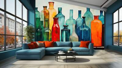 an art print of bottles of different colors Generative AI Wall mural