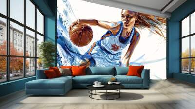 an attractive female basketball player in action, wearing a blue and white uniform with orange accents, on an isolated background, with a colorful design Generative AI Wall mural