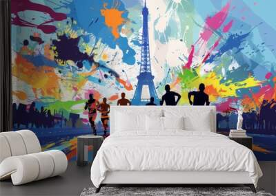 An illustration of several runners running towards the Eiffel Tower in Paris, France, with splashes and abstract shapes on a colorful background Generative AI Wall mural