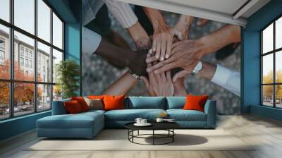 An overhead shot of diverse business people's hands coming together in unity, symbolizing collaboration and team spirit Generative AI Wall mural