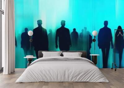 banner featuring silhouettes of many people, set against a blue background with blue, green, and teal colors, and a gradient effect Generative AI Wall mural