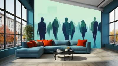 banner of many people silhouettes, light blue background, gradient colors from dark to light green and navy blue Generative AI Wall mural