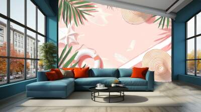 beach towel with a striped pattern in pastel pink and white stripes, palm leaves, a swimming ring, a sun hat, top view Generative AI Wall mural