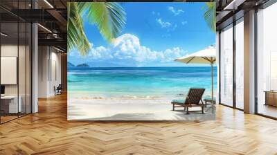 Beautiful beach with palm trees and lounge chairs under an umbrella on the shore of crystal clear blue water against a white sky background panorama Generative AI Wall mural