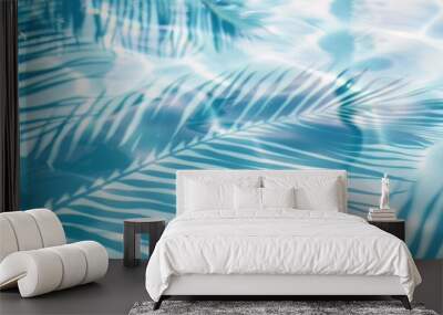 Beautiful blurred background of light blue water with the shadow from palm leaves in a swimming pool copy space concept Generative AI Wall mural