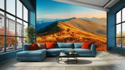 Beautiful panoramic view of the Carpathian mountains with the sun and blue sky, a panorama of the mountain landscape Generative AI Wall mural