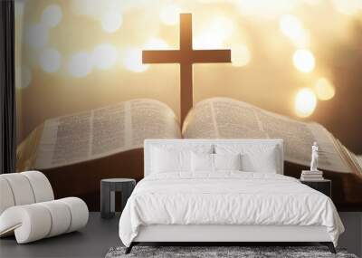 Bible open on a cross and Bible pages with a blurred background, banner design, white color palette, blurred background, copy space for text, light beige and gold colors Generative AI Wall mural