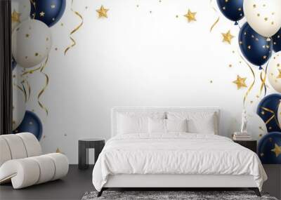 Birthday background, navy blue and white balloons with gold stars and ribbons on the sides, white space in the center of the frame Generative AI Wall mural