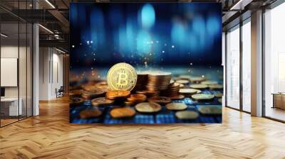 bitcoin market and cryptocurrency concepts on an abstract blue-gray background Generative AI Wall mural