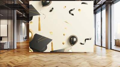 Black and white graduation caps with golden balloons flying Generative AI Wall mural