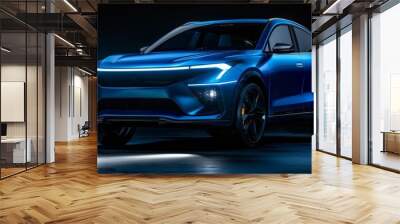 Black background, blue SUV vehicle with headlights on A dynamic angle showcasing the front of an elegant and sporty automobile in a studio setting Generative AI Wall mural