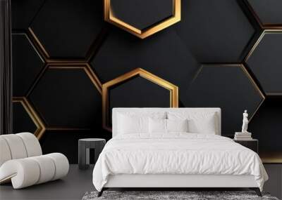 Black background with a gold hexagon pattern Black geometric wallpaper for interior decoration Generative AI Wall mural