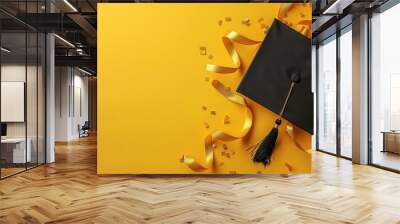 Black graduation cap with tassel, diploma and golden ribbons on yellow background flat lay top view copy space for text success after school Generative AI Wall mural