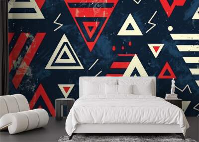 Blue and red geometric pattern with white triangle, stripes, and chevron in a modern style Generative AI Wall mural