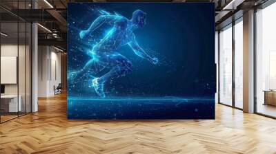 Blue glowing wireframe hologram of an athlete running on dark blue background concept for sport technology and futuristic digital design element Generative AI Wall mural