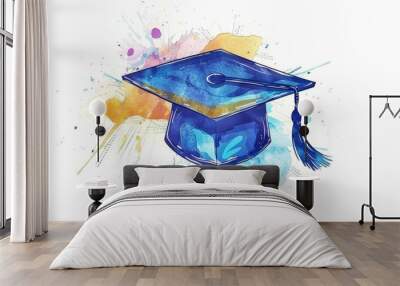 blue graduation cap on a white background with watercolor splashes Generative AI Wall mural