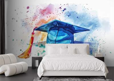 blue graduation cap with tassel on white background, watercolor Generative AI Wall mural