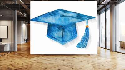 blue graduation cap with tassel on white background, watercolor Generative AI Wall mural