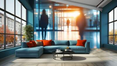 Blurred office interior with a blurred glass door and light from lamps in the background, blurred motion of people walking in a modern open-space business center or conference room Generative AI Wall mural