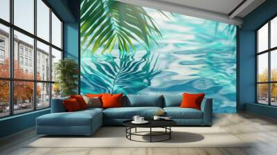 Blurred palm leaf shadow on the water surface, banner with copy space area, light blue colored background, banner for a summer vacation concept Generative AI Wall mural