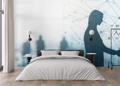 Business network concept with business people shaking hands and icons on an abstract background human icon is made of lines, circles, and the silhouette outline of characters Generative AI Wall mural