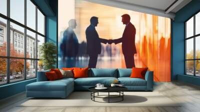 Business network concept with business people silhouettes in double exposure on an abstract background, digital banner design Generative AI Wall mural