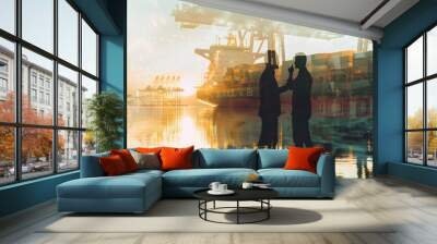 Business people shaking hands with a cargo ship and dock in the background in a double exposure Generative AI Wall mural