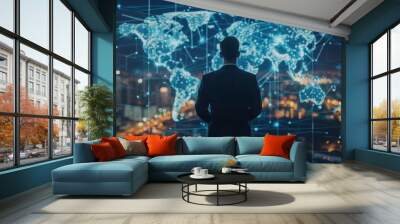 Businessman looking at global network map Generative AI Wall mural