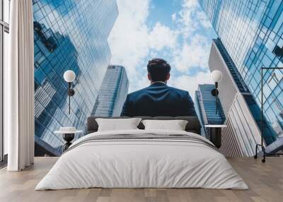 Businessman standing in front of skyscrapers with a blue sky, view from behind Generative AI Wall mural