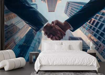 Businessmen shake hands in front of skyscrapers from a top view Generative AI Wall mural