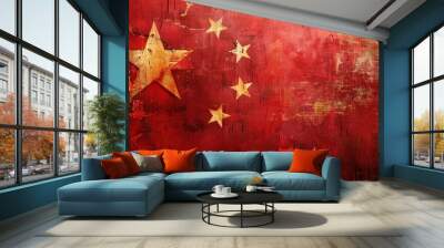 chinese flag on grunge background, red color with yellow star Generative AI Wall mural