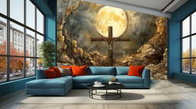 christ's cross surrounded by the moon in the rock Generative AI Wall mural