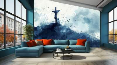 christ with cross on a hill with clouds around him Generative AI Wall mural