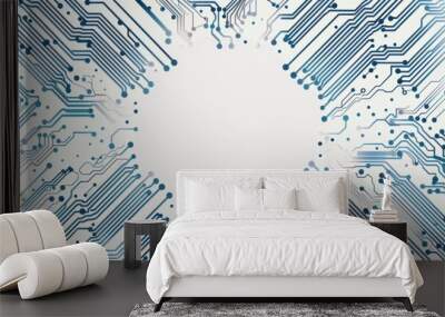 Circuit board pattern with white empty space in the center White background Digital art style with circuit lines and chips on a clean white backdrop Generative AI Wall mural