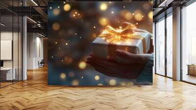 Close-up of hands opening a gift box with a glowing light effect on a blurred background, with sunlight and bokeh Generative AI Wall mural