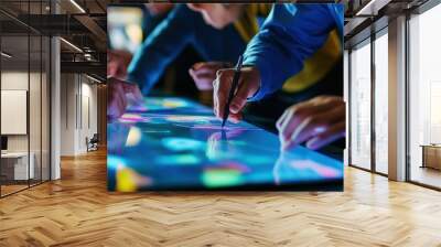 Close-up of hands working together on an interactive table, office setting with people in blue shirts and casual attire holding digital tablets while drawing lines onto touch screen Generative AI Wall mural