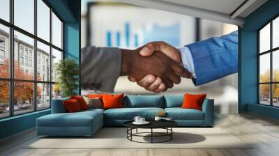 Close-up of two business people shaking hands in an office One is a Black man, and the other is a White man wearing a blue suit jacket Generative AI Wall mural