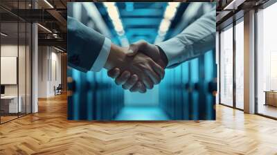 Close up of two business people shaking hands in the office, blue cables and server room background Business concept Generative AI Wall mural