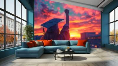 Close up photo of a young woman in a graduation cap and gown, celebrating her success with her fist raised at sunset Generative AI Wall mural