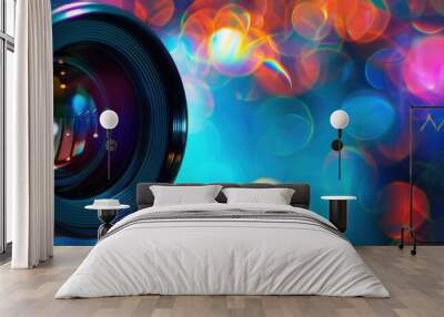 Closeup of camera lens with colorful bokeh lights in the background, symbolizing video production and media industry Generative AI Wall mural