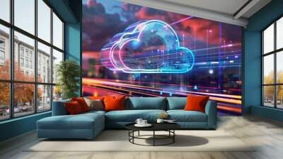 cloud computing with a speeding train on a city background Generative AI Wall mural