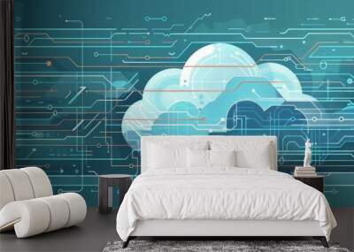 cloud computing with data lines on blue background Generative AI Wall mural