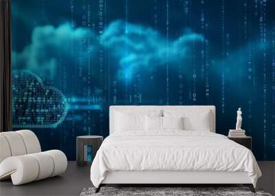 cloud technology banner background with cloud icon and binary code illustration on blue digital abstract tech concept, internet service or data storage concept for web design Generative AI Wall mural