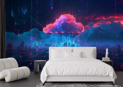 cloud technology banner with low poly cityscape and binary code on dark blue background big data visualization concept with polygonal clouds Generative AI Wall mural