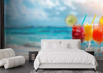 Colorful cocktails and tropical drinks on the beach with copy decorated with fruits in the style of sea at exotic resort background space Generative AI Wall mural