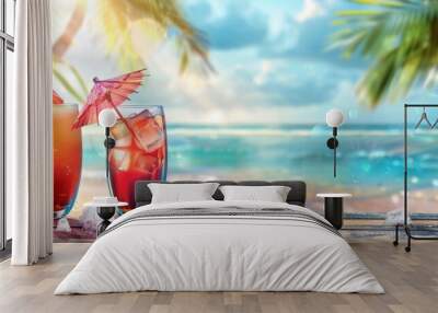 Colorful cocktails and tropical drinks on the beach with space for text, banner panorama Generative AI Wall mural