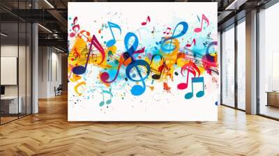 Colorful music notes and musical instruments isolated on a white background, this illustration design could be used for a banner or poster featuring colorful musical elements Generative AI Wall mural