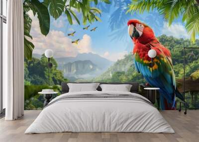 Colorful parrot perched on a tree branch in a lush green jungle landscape depicting the Amazon rainforest accurately with trees and mountains in the background in a horizontal view Generative AI Wall mural